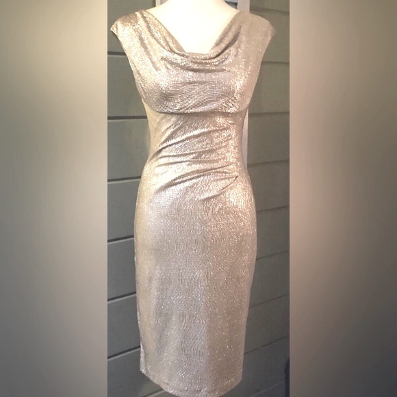 Lauren Ralph metallic white gold ruched & draped Neck Holiday Dress NEW RE$299 S - Picture 5 of 15